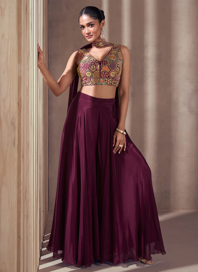 Sequins Embroidered Chinon Silk Indo Western Palazzo Set In Wine