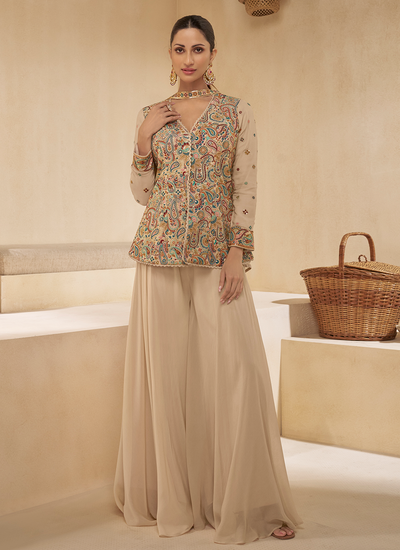 Party Wear Real Georgette Beige Sequins Embroidered Indo Western Sharara Set