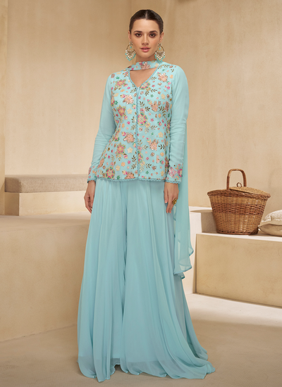 Sky Blue Real Georgette Party Wear Sequins Embroidered Indo Western Sharara Set