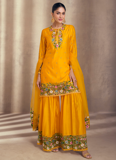 Viscose Jacquard Silk Multi Embroidered Yellow Readymade Festive Sharara Suit