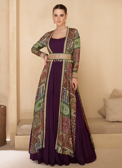 Purple Real Georgette Gown With Printed Hand Embellished Silk Shrug