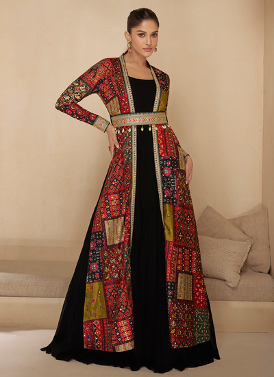 Real Georgette Black Gown With Printed Hand Embellished Silk Shrug