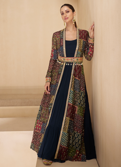 Navy Blue Real Georgette Gown With Printed Hand Embellished Silk Shrug