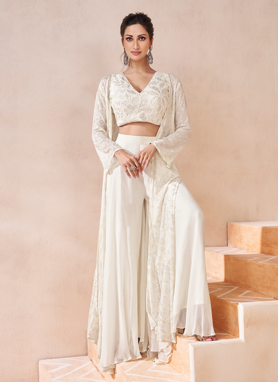 Real Georgette Embroidered White Indo Western Palazzo Suit With Shrug