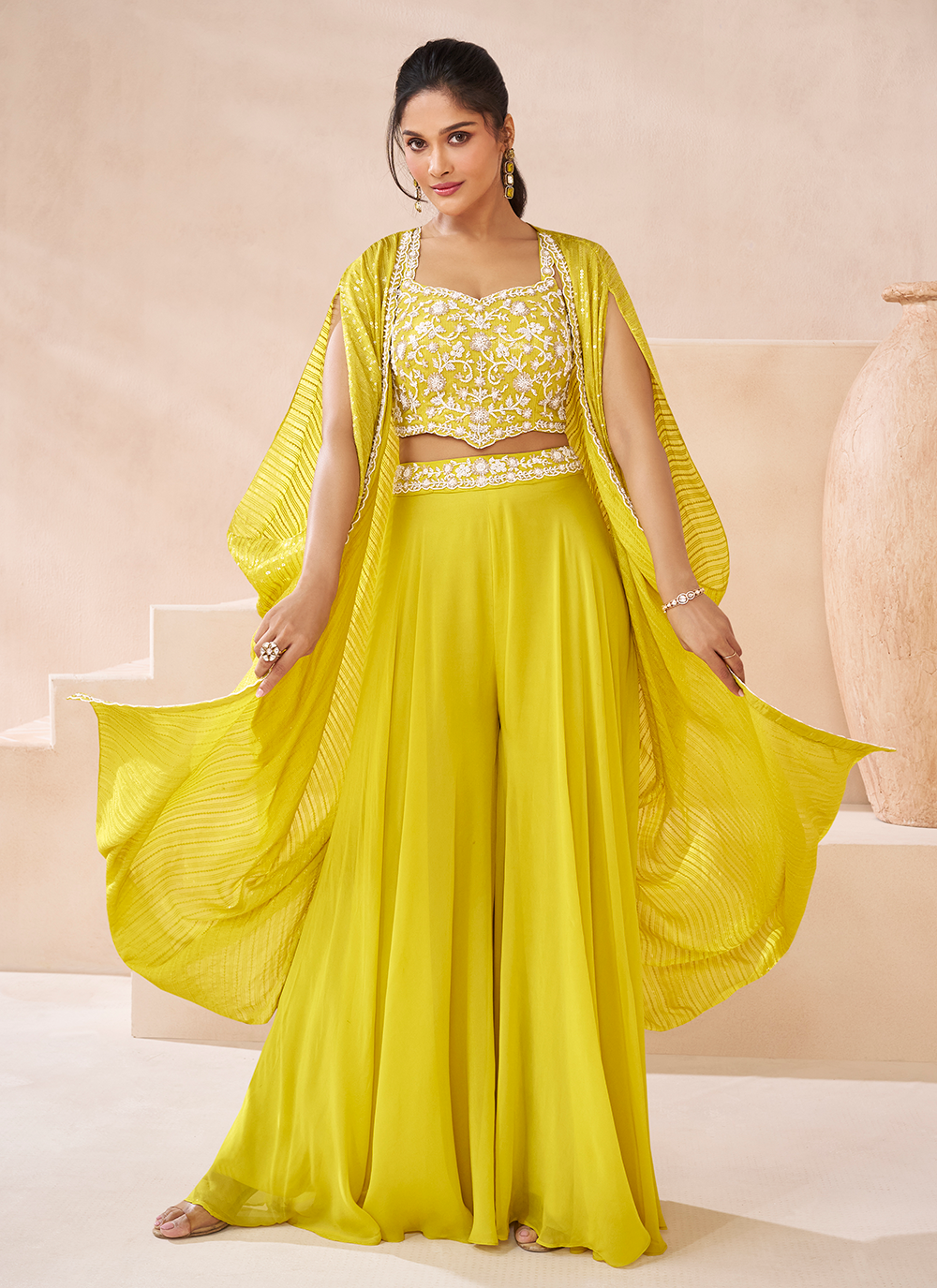 Embroidered Yellow Real Georgette Indo Western Palazzo Suit With Shrug Siya Fashion