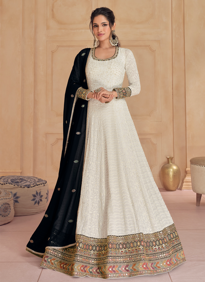 Traditional Ivory Sequins Embroidered Real Georgette Wedding Anarkali Gown With Dupatta