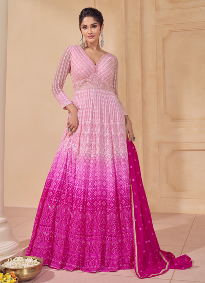 Pink Ombre Sequins Embroidered Traditional Real Georgette Wedding Anarkali Gown With Dupatta