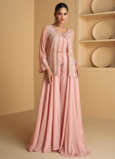 Pink Multi Sequins Embroidered Real Georgette Indo Western Jacket Style Palazzo Suit