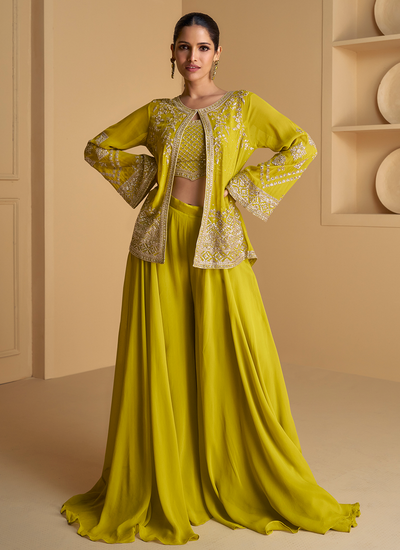 Sequins Embroidered Real Georgette Pear Green Indo Western Jacket Style Palazzo Suit