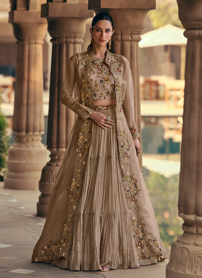 Sequins Embroidered Chinon Beige Crop Top Indo Western Lehenga With Jacket