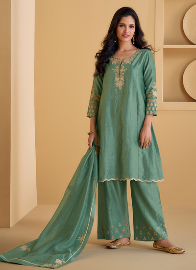 Designer Cording Sea Green Pure Real Silk Palazzo Suit