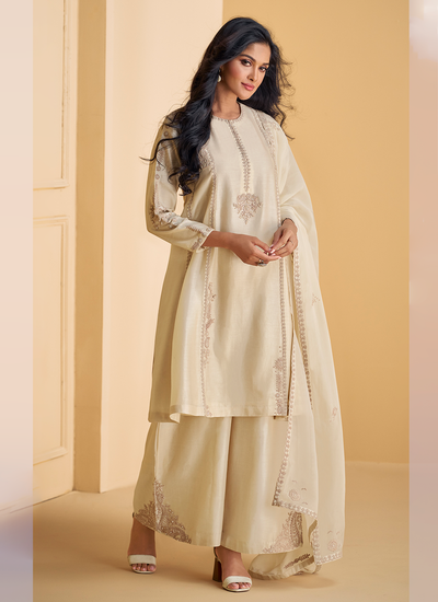 Cream Designer Cording Pure Real Silk Palazzo Suit