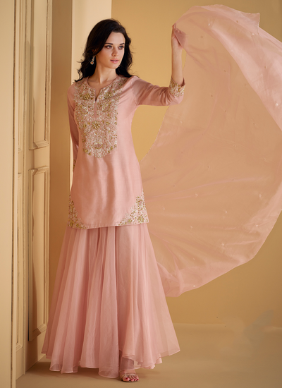 Designer Cording Festive Wear Pure Real Silk Palazzo Suit In Pink