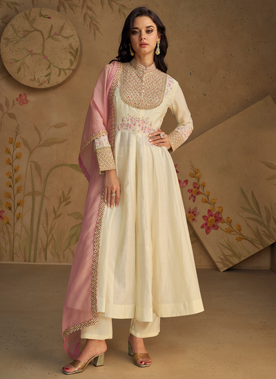 Cream Pure Silk Embroidered Readymade Salwar Suit