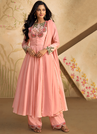 Pure Silk Embroidered Pink Readymade Salwar Suit