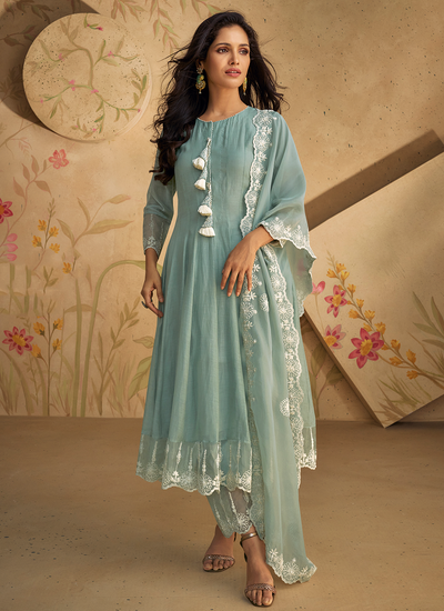 Pure Silk Embroidered Readymade Salwar Suit In Powder Blue