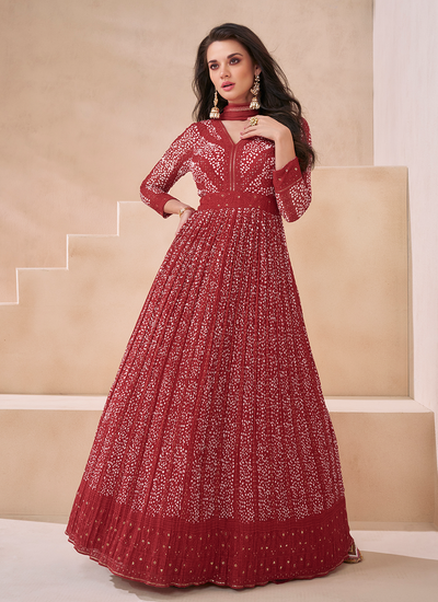 Red Georgette Sequins Embroidered Festival Gown With Dupatta