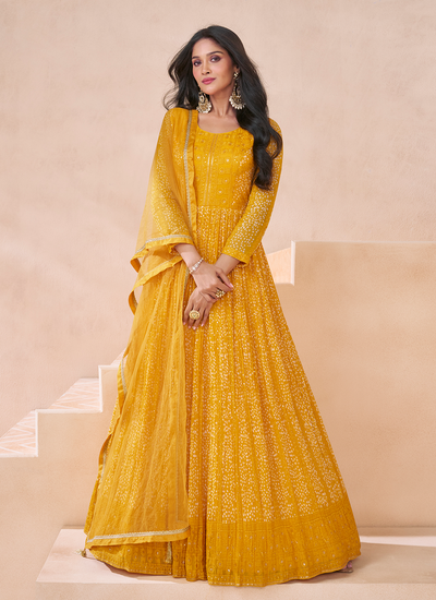 Georgette Sequins Embroidered Festival Yellow Gown With Dupatta