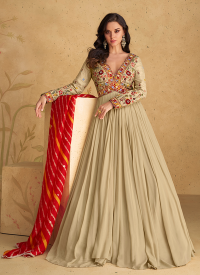 Real Chinon Georgette Beige Embroidered Gown With Dupatta