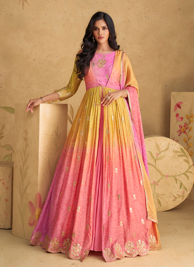 Yellow And Pink Real Chinon Embroidered Gown With Dupatta