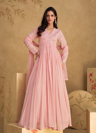 Real Georgette Pink Sequins Embroidered Gown With Dupatta