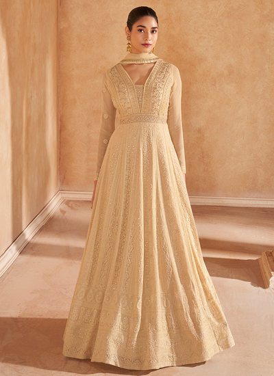 Real Georgette Golden Beige Chikankari Embroidery Anarkali Gown With Dupatta