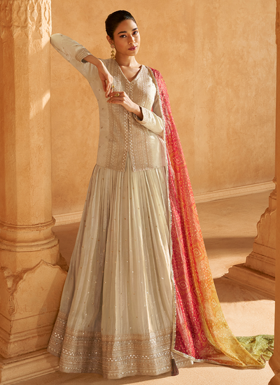 Ivory Beige Golden Embroidery Premium Viscose Jacquard Lehenga Kurti