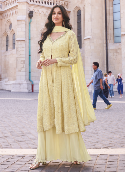 Light Yellow Lucknowi Embroidery Georgette Slit Style Readymade Anarkali Suit