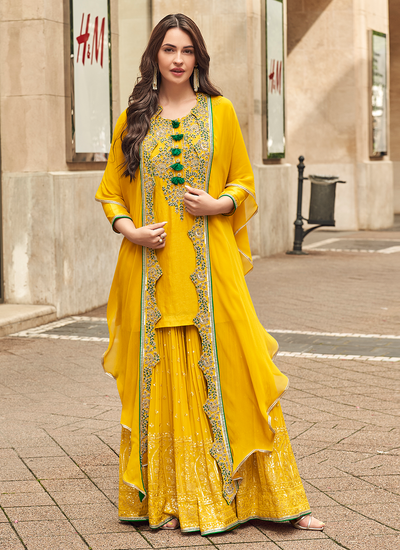 Yellow Silk Sequins Embroidered Haldi Wear Readymade Gharara Suit