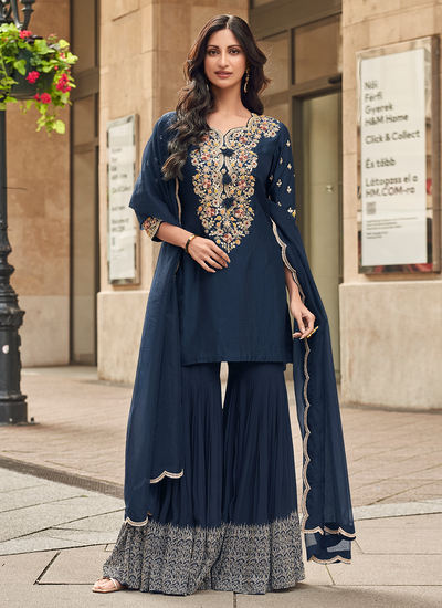 Silk Sequins Embroidered Prussian Blue Festive Wear Readymade Gharara Suit