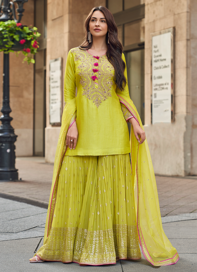 Readymade Pear Green Silk Sequins Beads Embellished Festive Wear Gharara Suit