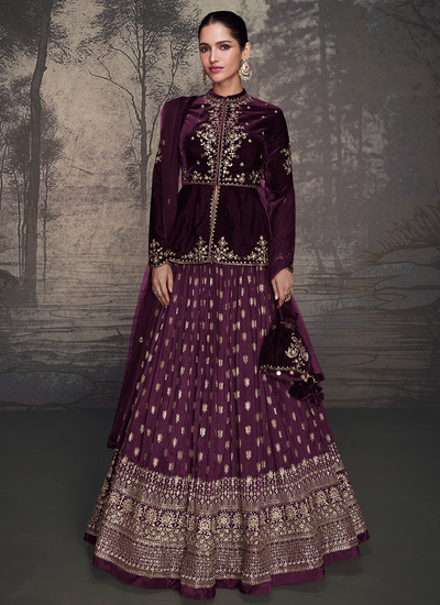 Readymade Burgundy Golden Embroidery Peplum Style Velvet Lehenga Kurti