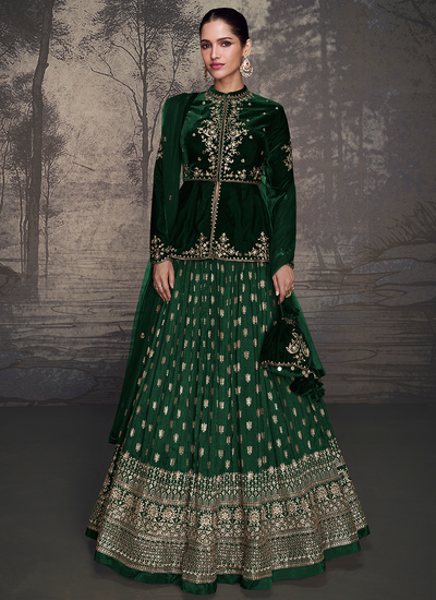 Dark Green Golden Embroidery Readymade Peplum Style Velvet Lehenga Kurti