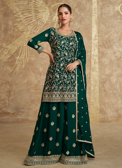 Designer Sequins Embroidered Chinon Sharara Suit In Dark Green