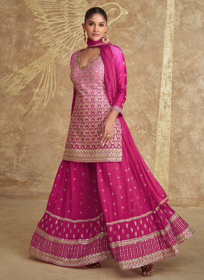 Hot Pink Festive Wear Sequins Embroidered Chinon Sharara Suit