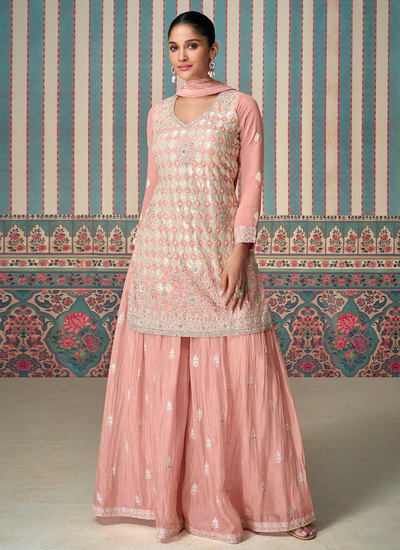 Peachy Pink Designer Sequins Embroidered Chinon Sharara Suit