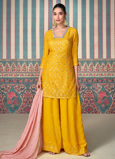 Designer Sequins Embroidered Yellow Festive Wear Chinon Sharara Suit