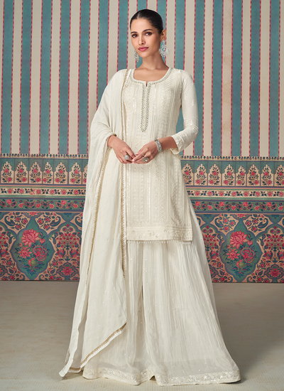 White Sequins Embroidered With Stone And Beads Work Chinon Sharara Suit