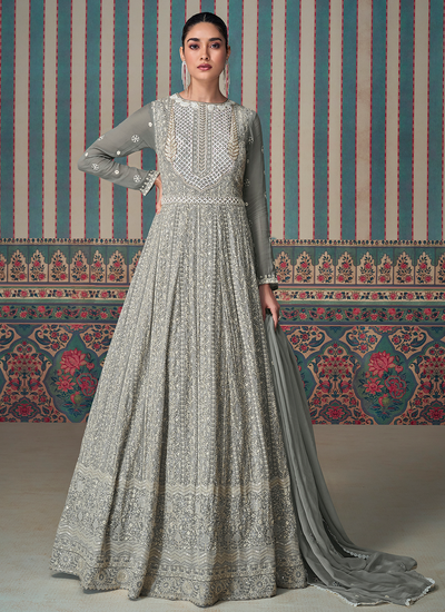 Gray Sequins Chikankari Embroidery Real Georgette Anarkali Gown With Dupatta