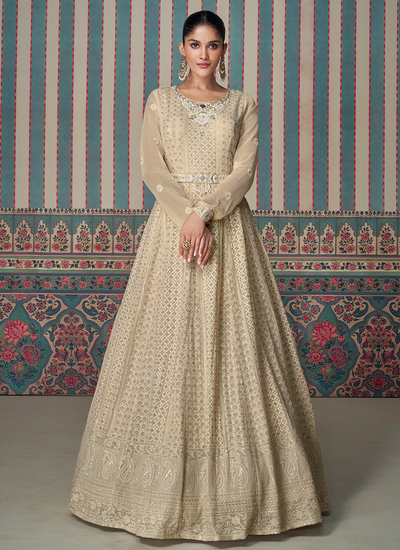 Sequins Chikankari Embroidery Beige Real Georgette Festive Anarkali Gown With Dupatta