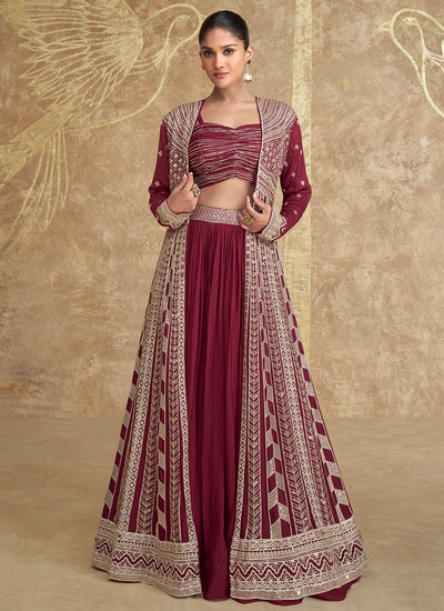 Chinon Maroon Sequins Embroidered Crop Top Indo Western Lehenga With Jacket