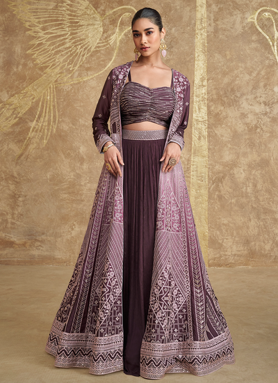 Wine Sequins Embroidered Chinon Crop Top Indo Western Lehenga With Jacket