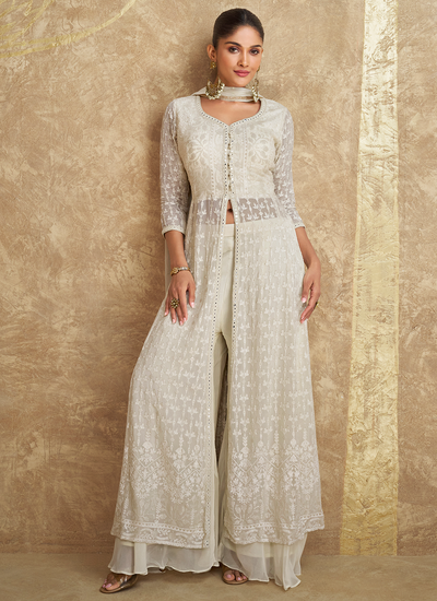 Georgette Sequins Embroidered Ivory Indo Western Slit Style Palazzo Suit