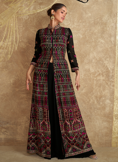 Black Georgette Sequins Multi Embroidered Indo Western Slit Style Palazzo Suit