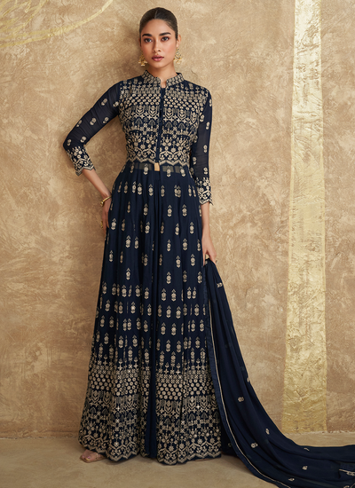 Navy Blue Indo Western In Georgette With Sequins Embroidery Work Slit Style Palazzo Suit