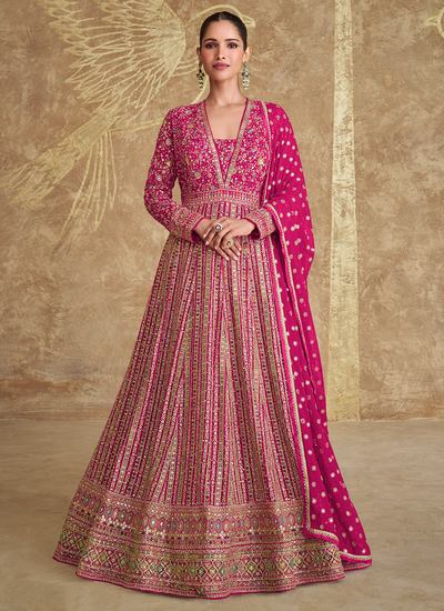 Magenta Real Georgette Sequins Embroidered Wedding Anarkali Gown With Dupatta