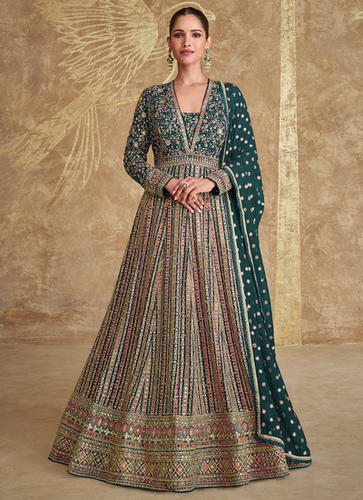 Mehendi Wear Real Georgette Dark Green Sequins Embroidered Anarkali Gown With Dupatta