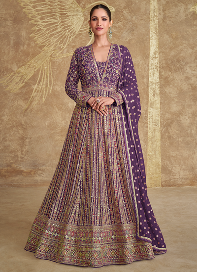 Wedding Purple Sequins Embroidered Real Georgette Anarkali Gown With Dupatta