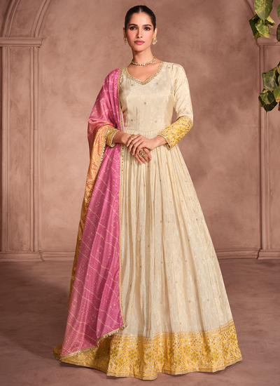 Wedding Beige And Yellow Viscose Jacquard Anarkali Gown With Bandhani Dupatta