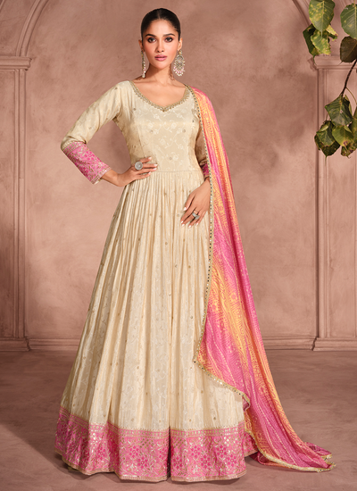 Beige And Pink Viscose Jacquard Wedding Anarkali Gown With Bandhani Dupatta